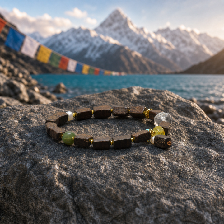 Handcrafted Dark Wood & Crystal Beaded Bracelet Featuring Engraved Pixiu Centerpiece, Amber Accent, Freshwater Pearl, and Gold Spacers