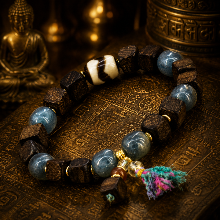 Authentic Himalayan Dark Wood & Blue Aquamarine Beaded Bracelet Featuring Sacred Dzi Bead Centerpiece, Gold Spacers, and Artisan Tassel