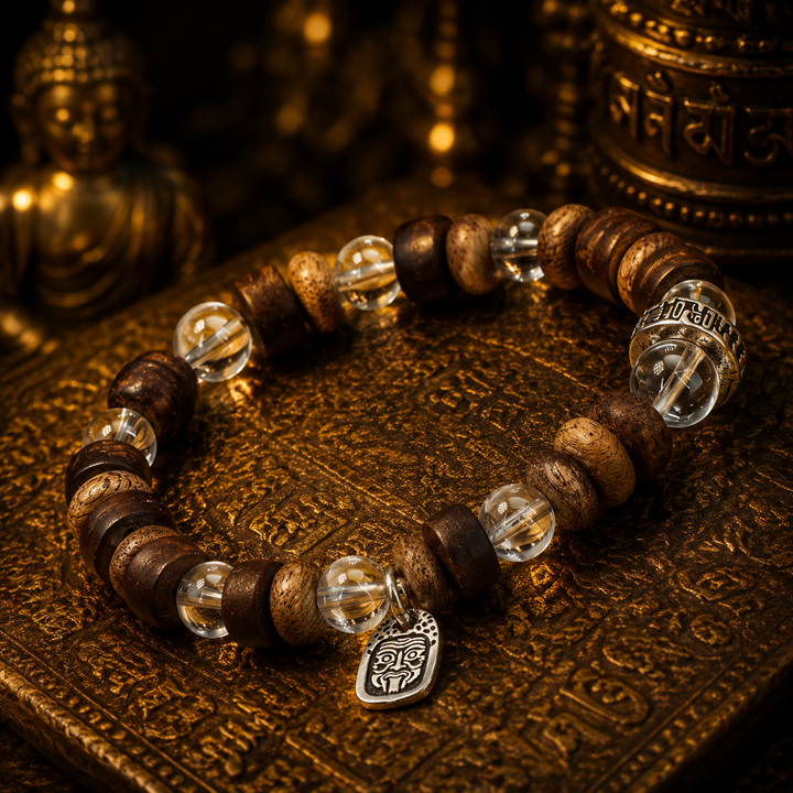 Handcrafted Himalayan Wooden & Clear Crystal Beaded Bracelet Featuring Auspicious Mantra Ring, Tiger Eye Accent, and Protective Deity Charm
