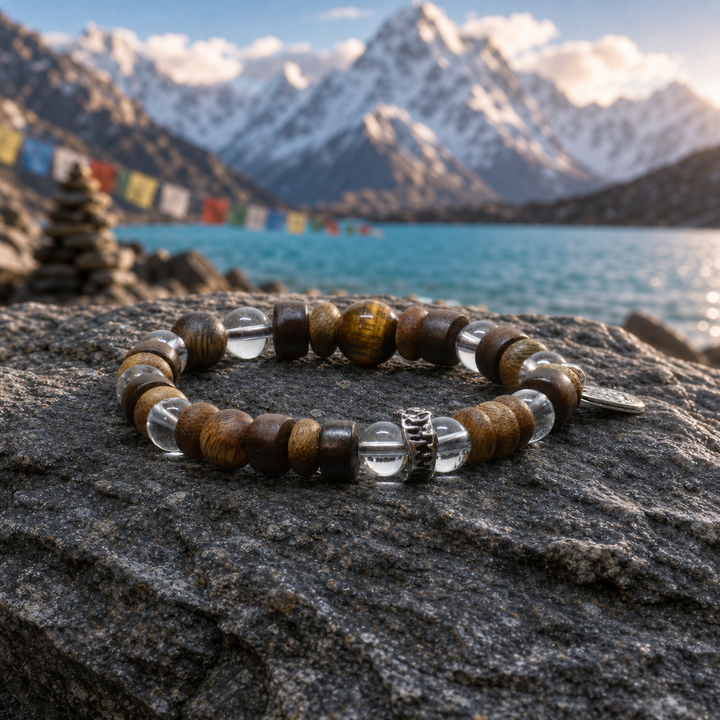 Handcrafted Himalayan Wooden & Clear Crystal Beaded Bracelet Featuring Auspicious Mantra Ring, Tiger Eye Accent, and Protective Deity Charm