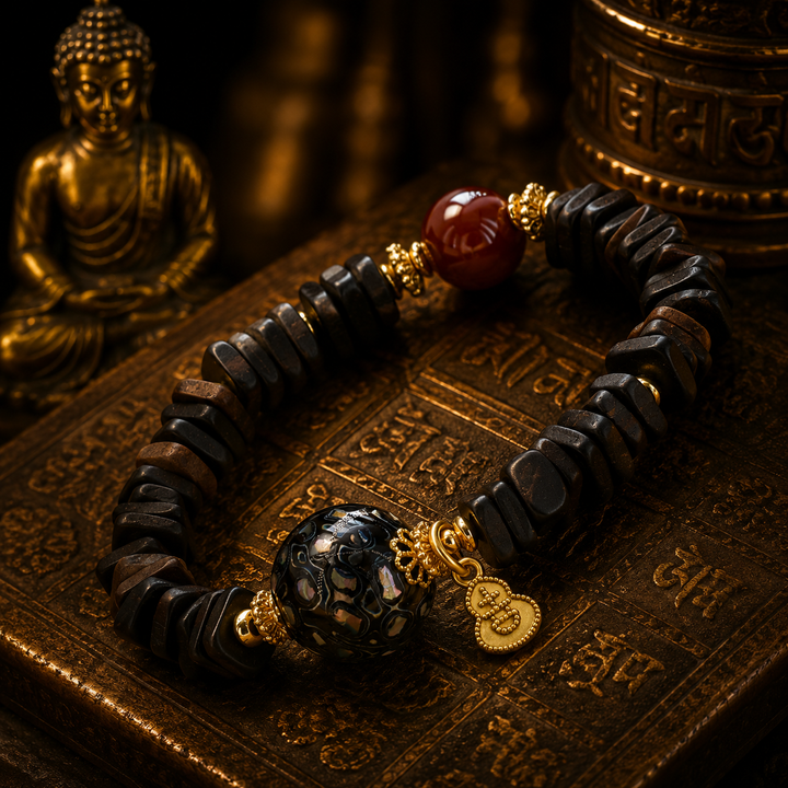 Himalayan Artisan Dark Wood & Red Agate Beaded Bracelet Featuring Patterned Focal Bead, Gold Spacers, and Auspicious Gourd Pendant