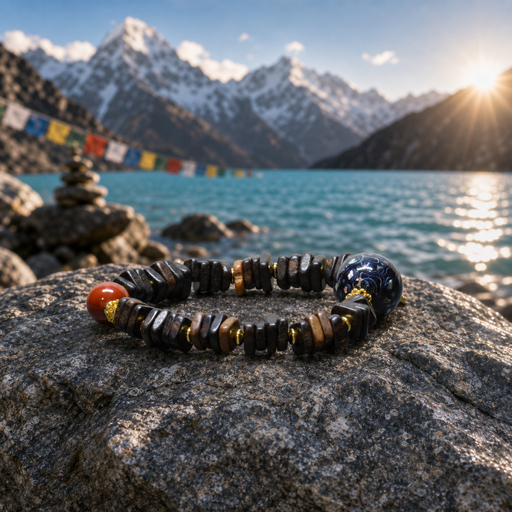 Himalayan Artisan Dark Wood & Red Agate Beaded Bracelet Featuring Patterned Focal Bead, Gold Spacers, and Auspicious Gourd Pendant