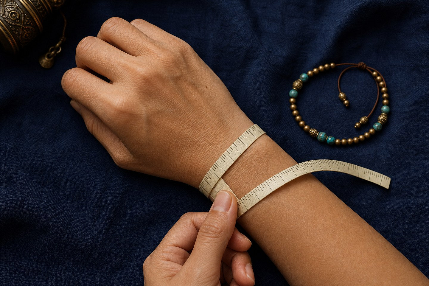 A flexible tape wrapped around a wrist to demonstrate bracelet measuring
